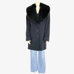 Vintage Charcoal Grey Wool Cashmere Coat with Faux Fur Collar / Medium-Large